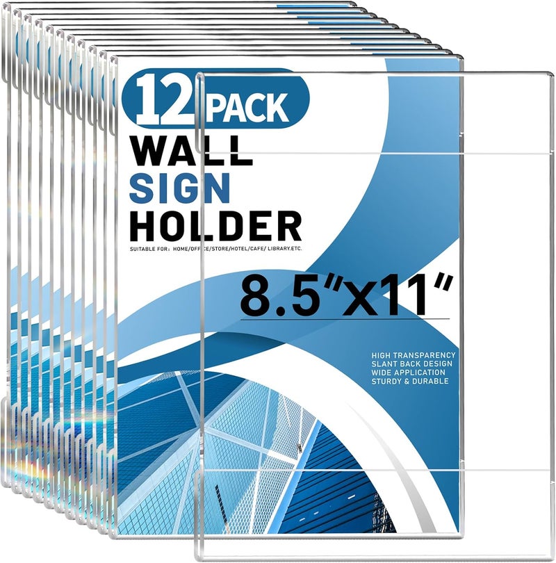 Aheroi حامل لافتات أكريليك 8.5 × 11، 12 قطعة إطار مستندات شفاف مع شريط لاصق، تركيب على الحائط بلا حفر 8.5 × 11 إطار تعليق أكريليك حامل لافتات بلاستيكي لمكتب الأعمال قائمة المتجر - Image 1